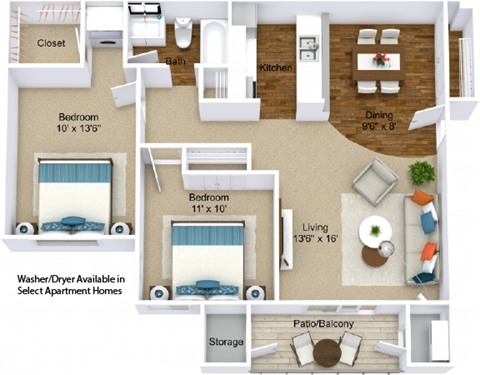 Floor plan for 2 beds, 1 bath, 860 sqft